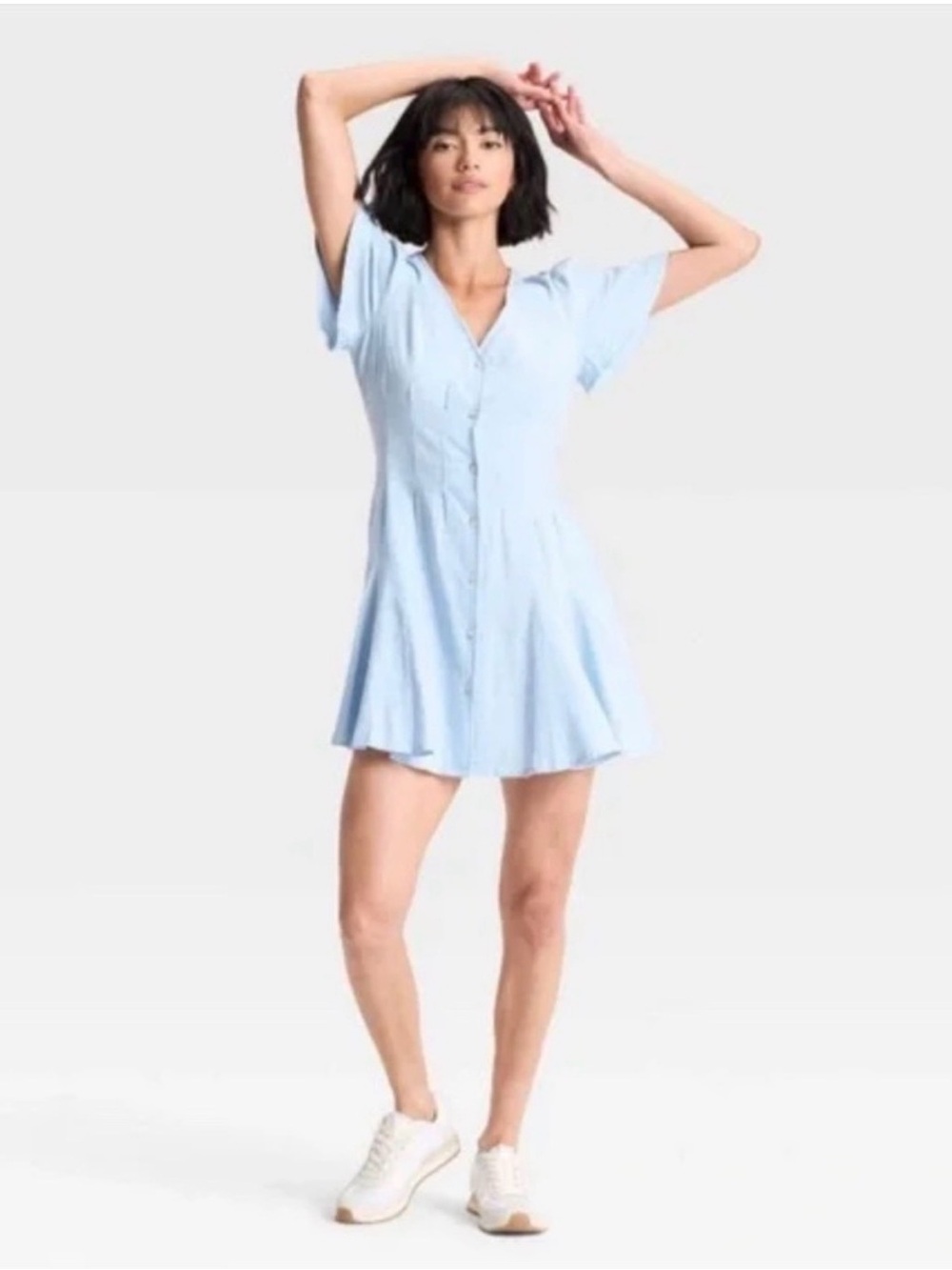 Universal Thread Light Blue Button-Front Ruffle Sleeve Dress